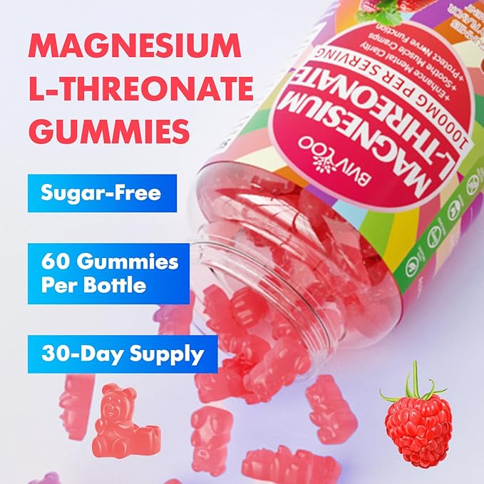1000mg Magnesium L-Threonate Gummies for Kids & Adults - Muscle & Nervous System Support, Vegan, Sugar-Free Raspberry Flavor, 60 Gummies