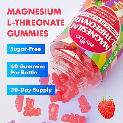 1000mg Magnesium L-Threonate Gummies for Kids & Adults - Muscle & Nervous System Support, Vegan, Sugar-Free Raspberry Flavor, 60 Gummies