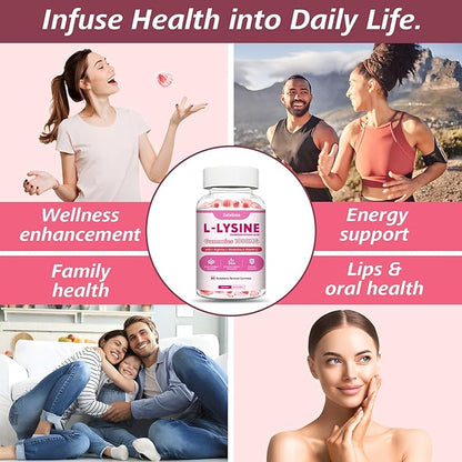L-Lysine Gummies 1000mg, 7-in-1 Lysine Gummies for Adults & Kids, Essential Amino Acid with L-Arginine, L-Glutamine, Vitamin for Lip & Skin, Immune, Calcium Absorption, Strawberry Flavor, 60Ct