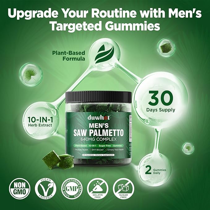 duwhot Saw Palmetto Gummies for Men, Organic Saw Palmetto with Pumpkin Seed Oil for Men Overall Health, Enhanced with Pygeum, Nettle, Sugar-Free, Vegan, 60 Chewables
