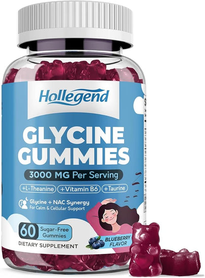 Glycine 3g Gummies, Organic L-Glycine with NAC Supplements for Sleep & Cellular Support, Plus B6, L-Theanine & Taurine for Nerve, Liver Detox & Immune Health, Sugar Free, Vegan, 60 Chews