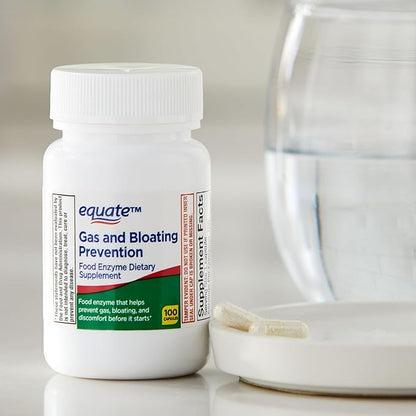 Equate Gas and Bloating Relief Prevention, Food Enzyme Dietary Supplement Capsules 100 Count (Pack of 1) - Set By Basket Goods