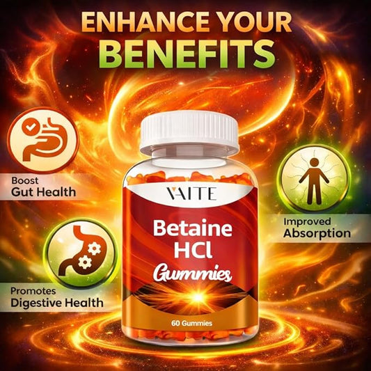 VAITE Betaine HCL Supplement 1000 mg Gummies – Digestive Support – Supports Digestion & Nutrient Breakdown – Non-GMO, Vegan, Gluten-Free – for Adults Seeking Daily Digestive Support – 60 Gummies