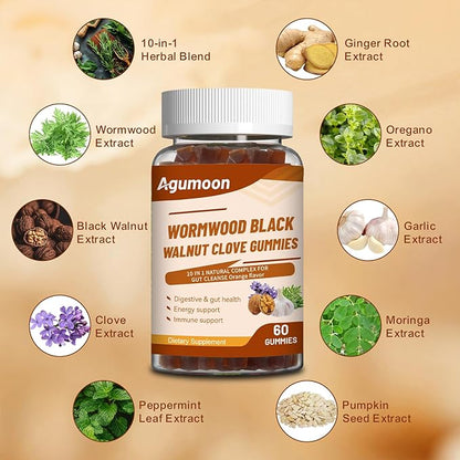 10-in-1 Wormwood Black Walnut Clove Gummies for Adults,Herbal Supplement for Gut Cleanse & Digestive Wellness with Garlic,Turmeric,Pumpkin Seed,Oregano,Moringa,60 Gummies