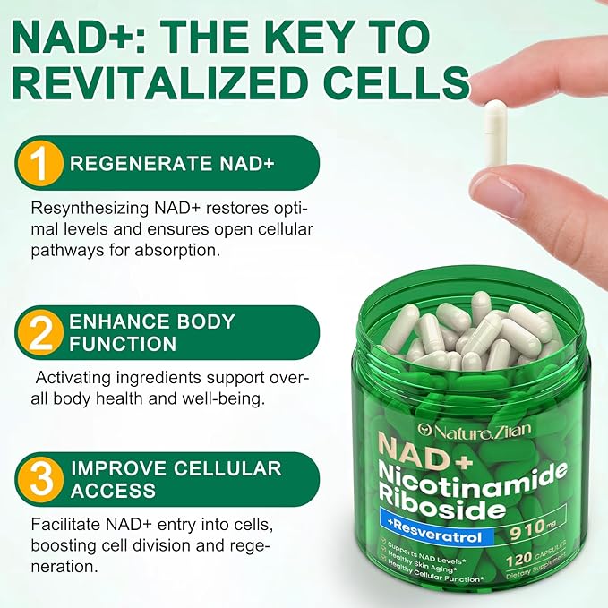 NAD Supplement - NAD+ Nicotinamide Riboside 910 Mg Supplement for Women & Men, Liposomal Nicotinamide Riboside with Resveratrol, for Focus, Boost - 120 Capsules (120 Count (Pack of 1))