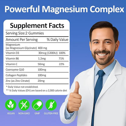 Magnesium Glycinate Gummies 400mg - Sugar Free Vegan Gummies for Adults & Kids with Vitamin D3, B6, C, CoQ10, Collagen, Zinc - Sleep, Muscle, Bone & Memory Support - 60 Blueberry Chewables / 2 Pack