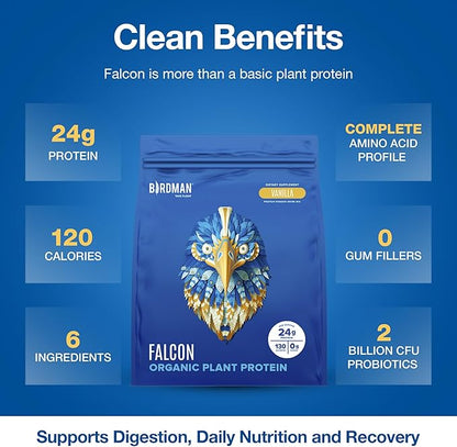 BIRDMAN Falcon Vegan Protein Powder Organic, Stevia & Sugar Free, Plant Based Protein, Low Carb, Dairy Free, Keto, Non Whey Protein, Probiotic, Pea Protein | Vanilla Flavor - 60 Servings - 3.9 lb