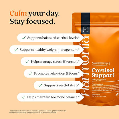 Harmonia Cortisol Cocktail | Cortisol Supplements for Women & Men with Ashwagandha, Magnesium & L-Theanine | Drink Harmonia for Stress Relief, Weight Management & Sleep Support (1 Pack x 30 Servings)
