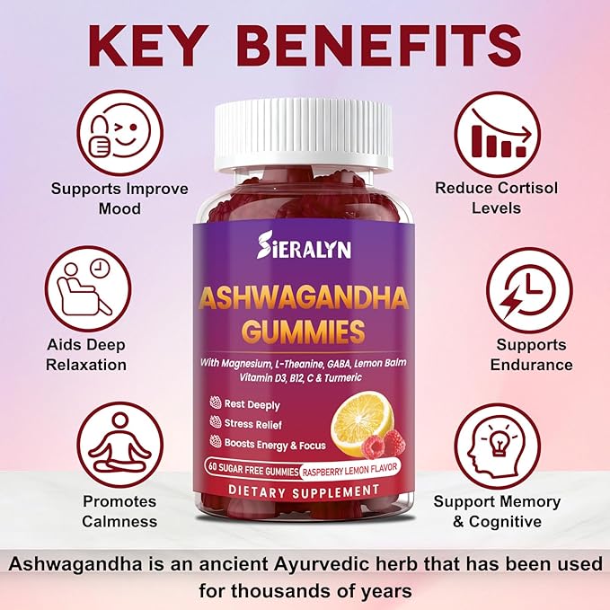 Ashwagandha Gummies 2000mg, Ashwagandha Supplements for Women Men with L-Theanine, GABA, Magnesium, Vitamins – Stress Relief, Immune & Mood Support, Sugar-Free, Vegan, Non-GMO, 120 Count