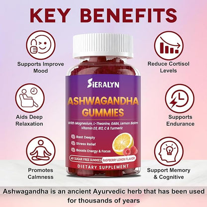Ashwagandha Gummies 2000mg, Ashwagandha Supplements for Women Men with L-Theanine, GABA, Magnesium, Vitamins – Stress Relief, Immune & Mood Support, Sugar-Free, Vegan, Non-GMO, 120 Count