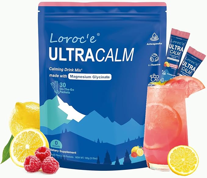 Loroc'e UltraCalm Super Cortisol Reducer Drink, Magnesium Glycinate (30 Servings), L-theanine, Ashwagandha, Vitamin D, No Sugar, Raspberry Lemonade Sleep Aid Powder
