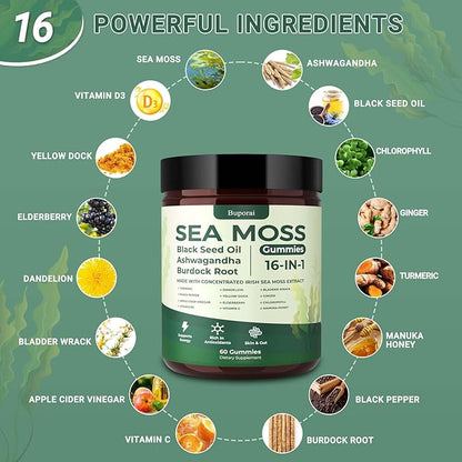 Sea Moss Gummies 16-1, Black Seed Oil Ashwagandha Turmeric Bladder Wrack Vitamin C Vitamin D3 Elderberry Manuka Dandelion Yellow Dock Apple Cider Vinegar for Men & Women