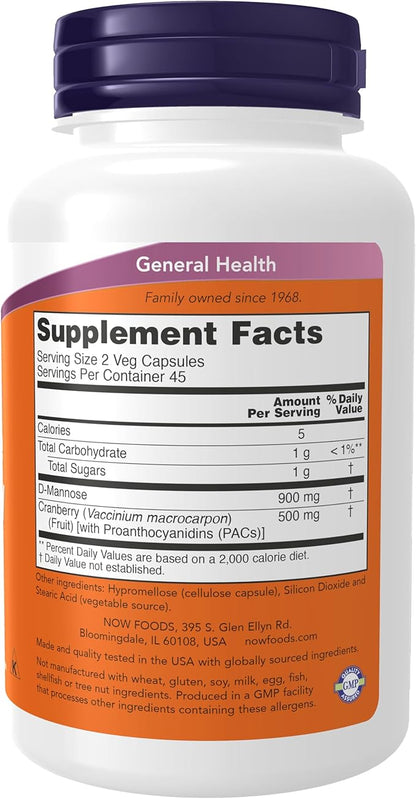 NOW Foods Supplements, Mannose Cranberry, Dual Action Formula*, Clinically Evaluated, Urinary Tract Health*, 90 Veg Capsules