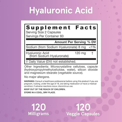 Jarrow Formulas® Hyaluronic Acid 120 mg, Dietary Supplement, Skin Health Support, 120 Veggie Capsules, Up to 60 Day Supply