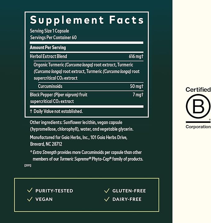 Gaia Herbs Turmeric Supreme Extra Strength - Supports Occasional Discomfort from Normal Wear & Tear* - with Turmeric Curcumin & Black Pepper - 60 Vegan Liquid Phyto-Caps (Up to 60 Servings)