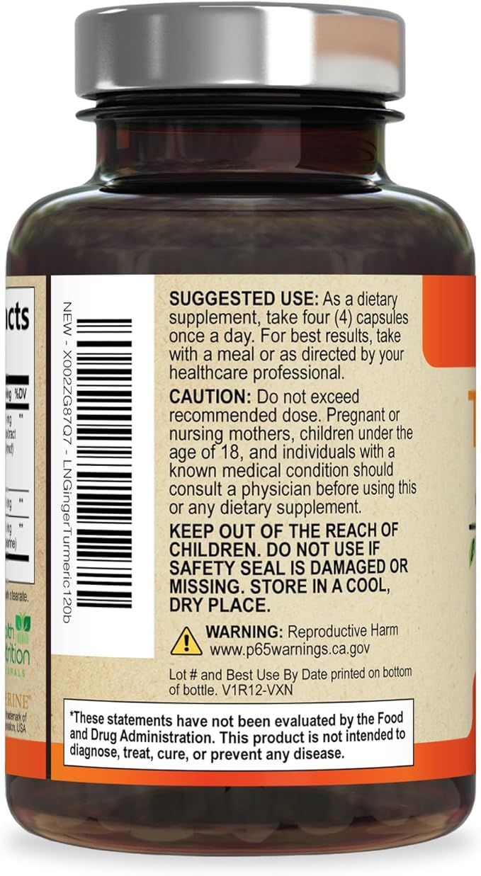 Turmeric Curcumin Supplement - 2200mg Curcumin Complex & 400mg Organic Ginger per Serving - 95% Curcuminoids & BioPerine Black Pepper for Best Absorption & Joint Support, Bottled in USA - 120 Capsules