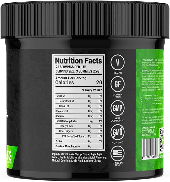 Bounce Pro Creatine Monohydrate Gummies for Men & Women, Low Calorie, 6G of Creatine per Serving, Vegan, Anti-Melting, Gluten-Free, Non-GMO (75 Count (Pack of 1), Lemon Cake)