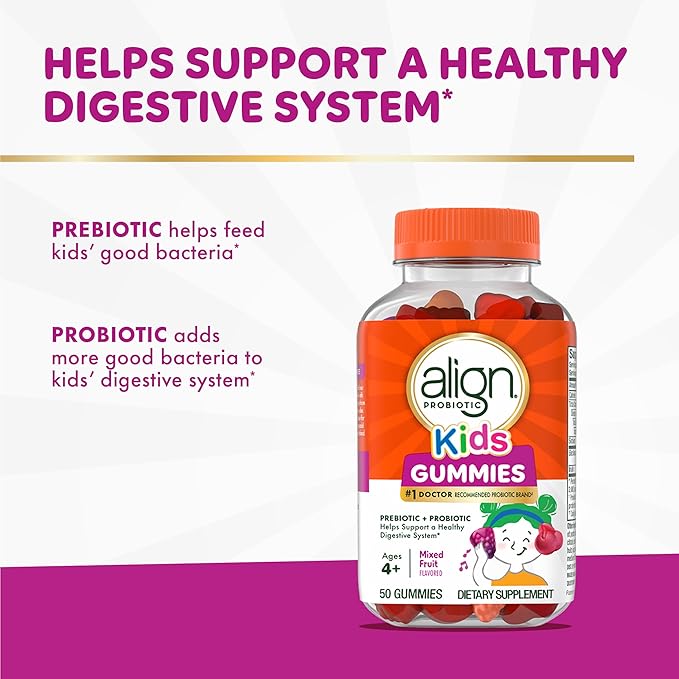 Align Probiotic, Kids Gummies, Prebiotic + Probiotic Helps Support a Healthy Digestive System*, #1 Doctor Recommended Probiotic Brand‡, 50 Gummies Packaging May Vary (Pack of 2)