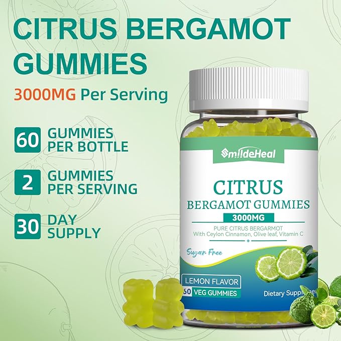 Citrus Bergamot Gummies 3000mg, Bergamot Supplement for High Cholesterol, Cholesterol Lowering Supplement for Heart, Immune System & Anti-Aging, Sugar Free Vegan 120 Gummies