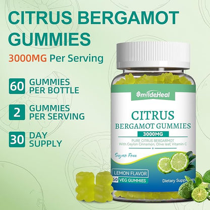 Citrus Bergamot Gummies 3000mg, Bergamot Supplement for High Cholesterol, Cholesterol Lowering Supplement for Heart, Immune System & Anti-Aging, Sugar Free Vegan 60 Gummies