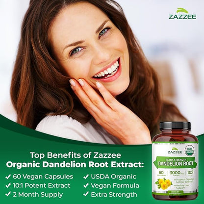 Zazzee USDA Organic Dandelion Root 10:1 Extract, 60 Capsules, 2 Month Supply, Liver & Detox Support, Taraxacum Officinale, Organic Herbal Supplement, All-Natural, Non-GMO, Made in the USA