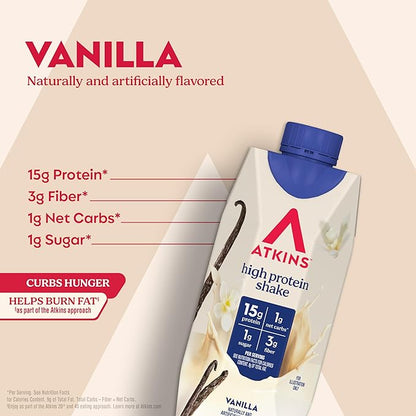 Atkins Vanilla High Protein Shake, 15g Protein, Low Glycemic, Low Carb and Low Sugar Protein Shakes, Keto Friendly Ready to Drink Shakes, 12 Vanilla Flavored Protein Shakes