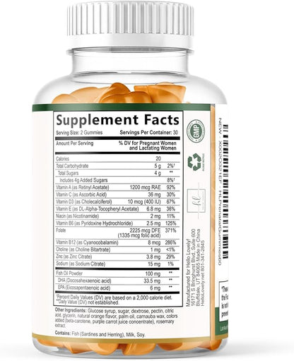 Prenatal Vitamins for Women – Complete Pregnancy Multivitamin - Folic Acid, Omega 3 DHA, Choline, Vitamin D – Essential Support for Mom's & Baby Brain Development - Tasty Orange Flavor - 60 Gummies