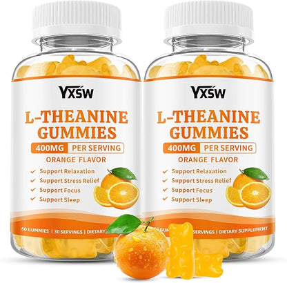L-Theanine Gummies, Chewable L-Theanine Supplement for Adults & Kids 400mg with Ashwagandha, GABA, 5HTP for Relax, Zzz & Focus Support, Orange Flavor, 120 Counts