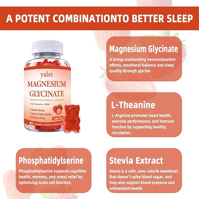 Magnesium Glycinate Gummies 400mg with L-Theanine,Phosphatidylserine–Sleep, Stress & Muscle Relief, for Adults & Kids, Non-GMO, Vegan, Sugar Free,60 Gummie Strawberry Flavor
