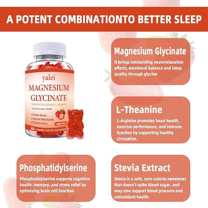 Magnesium Glycinate Gummies 400mg with L-Theanine,Phosphatidylserine–Sleep, Stress & Muscle Relief, for Adults & Kids, Non-GMO, Vegan, Sugar Free,60 Gummie Strawberry Flavor