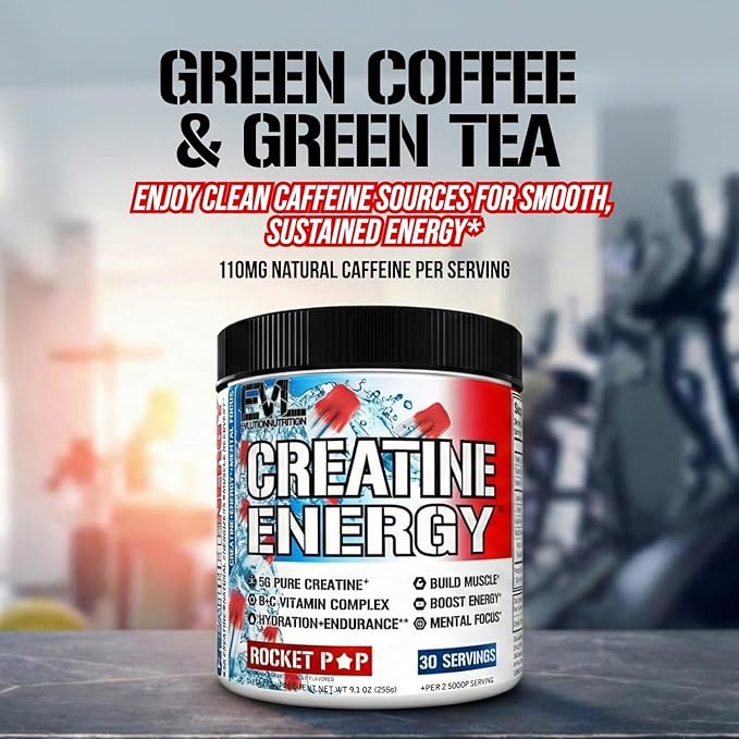 Evlution Nutrition Creatine Energy - Supports Muscle Growth, Boosts Energy, Endurance & Cognition - 5g Pure Creatine Monohydrate Per Serving - B + C Vitamin Complex - 30 Servings - Rocket Pop