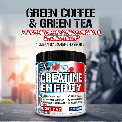 Evlution Nutrition Creatine Energy - Supports Muscle Growth, Boosts Energy, Endurance & Cognition - 5g Pure Creatine Monohydrate Per Serving - B + C Vitamin Complex - 30 Servings - Rocket Pop