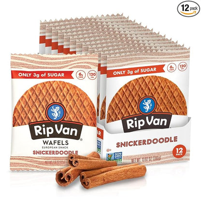 Rip Van Wafels Snickerdoodle Stroopwafels, Healthy Snacks, Non-GMO, Keto Friendly, Office Snacks, Low Sugar (3g), Low Calorie, 12 Pack