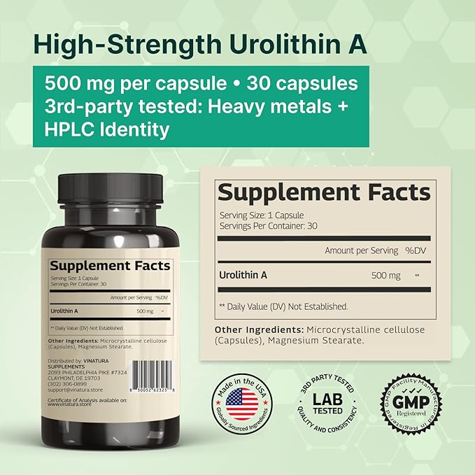VINATURA Urolithin A Supplement 500mg - Urolithin A+ for Powerful Antioxidants, Anti Aging and Mitochondrial Support, 30 Capsules