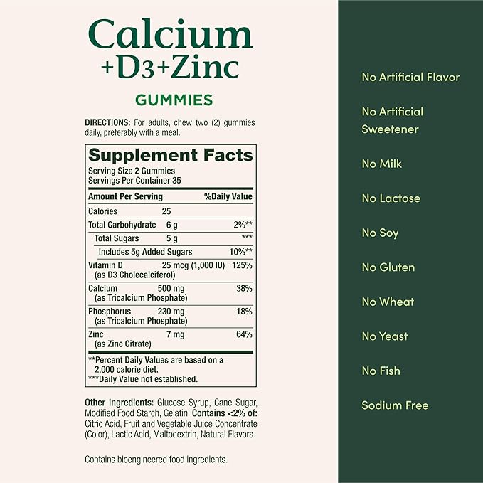 Nature's Bounty Calcium + D3 + Zinc Gummies, Supports Strong Bones & Teeth Plus a Healthy Immune System, 500mg, Orange and Cherry Flavored, 70 Gummies