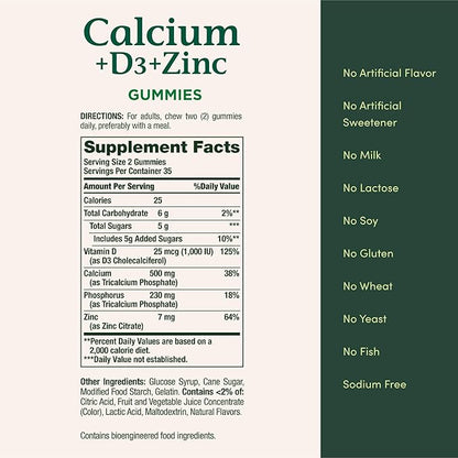 Nature's Bounty Calcium + D3 + Zinc Gummies, Supports Strong Bones & Teeth Plus a Healthy Immune System, 500mg, Orange and Cherry Flavored, 70 Gummies