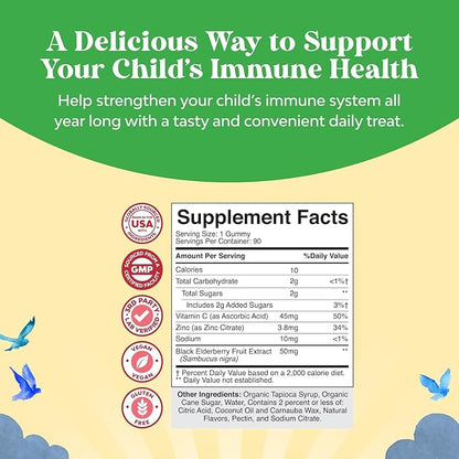 Sambucus Elderberry Gummies for Kids Health - Delicious Black Elderberry Gummies with Zinc and Vitamin C for Kids Immune Support - Gelatin and Gluten Free Non-GMO Immunity Support - 90 Count