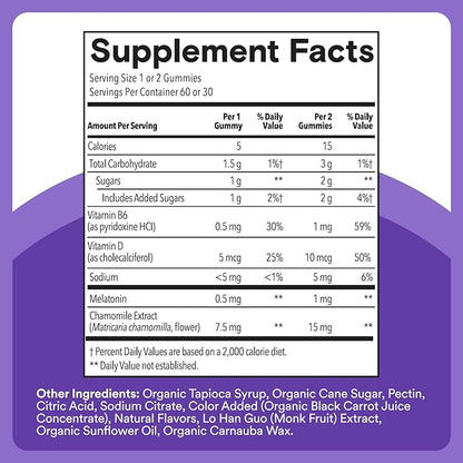 SmartyPants Kids Sleep Gummies Supplement with Melatonin 0.5mg: Chamomile & Vitamin D3, Sleep Aid, Strawberry Mango Flavor, 60 Count