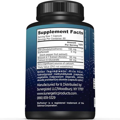 Sunergetic Premium DIM Supplement – 150mg diindolylmethane, Broccoli, Calcium D-Glucarate & Bioperine for Men & Women – DIM Complex for Menopause Support & Balance - 60 Capsules (Pack of 2)