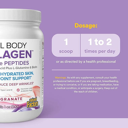 Natural Factors Total Body Collagen - Bioactive Collagen Supplement for Hair & Nail Growth Support - Healthy Skin Supplement with Protein, Vitamin C & More - Pomegranate, 500 g (38 Servings)