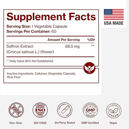 Saffron Supplements - 100% Pure Saffron Extract Capsules - Boost Energy & Mood, Support Eye & Heart Health
