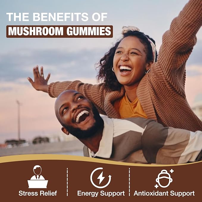 Mushroom Gummies for Adults, 10 Blend Mushroom Supplement with Lions Mane, Cordyceps, Reishi, Chaga and Turkey Tail for Focus and Energy, Raspberry Flavor, 60 Count