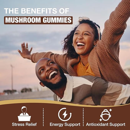 Mushroom Gummies for Adults, 10 Blend Mushroom Supplement with Lions Mane, Cordyceps, Reishi, Chaga and Turkey Tail for Focus and Energy, Raspberry Flavor, 60 Count