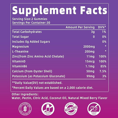 Magnesium Gummies, 2000mg Magnesium with VIT D & B6, for Immunity Support, Sugar Free Mixed Berry Flavor, 60 Gummies