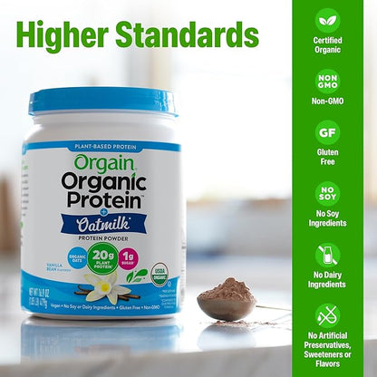 Orgain Organic Vegan Protein Powder + Oat Milk, Chocolate - 20g Plant Based Protein, Gluten Free, No Dairy, Soy or Lactose Ingredients, Low Sugar, Non-GMO, Kosher, For Shakes & Smoothies - 1.05lb