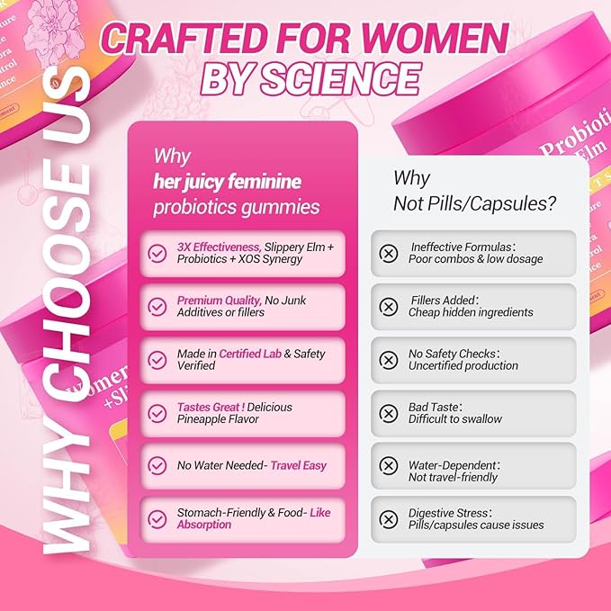 Her Juicy Feminine Probiotics Gummies, Premium Feminine Balance Gummies with Slippery Elm for Women's pH Balance, Healthy Odor, Flora and Immune Support – 90-Day Supply
