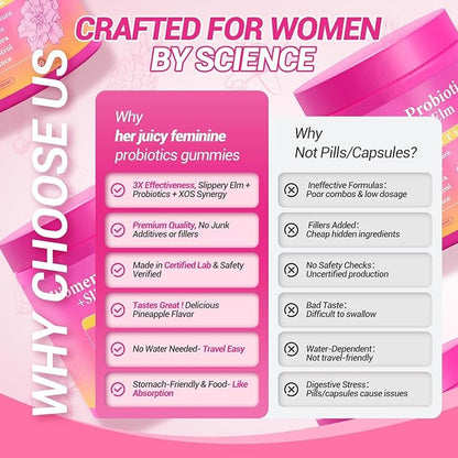 Her Juicy Feminine Probiotics Gummies, Premium Feminine Balance Gummies with Slippery Elm for Women's pH Balance, Healthy Odor, Flora and Immune Support – 60-Day Supply