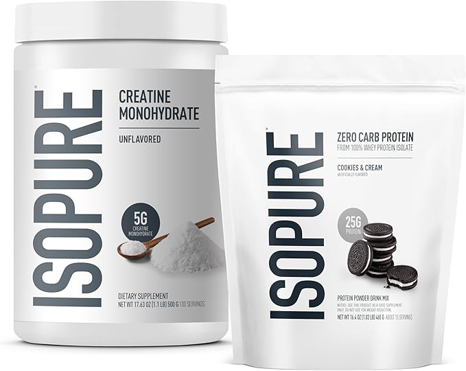 Isopure Bundle of Zero Carb 100% Pure Whey Isolate Protein Powder, Cookies & Cream, 25g Protein Per Serving, 1 Lb, 15 Servings + Isopure 100% Pure Creatine Monohydrate Powder, 100 Servings