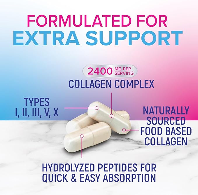 Multi Collagen Pills 2400 mg Per Serving - Advanced Types I, II, III, V, X - Hydrolyzed Multi Collagen Peptides Pills Supplement for Women & Men - Hair, Skin, & Nail Support Supplements - 120 Capsules