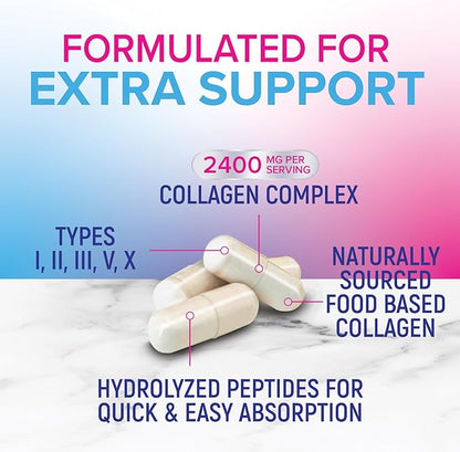Multi Collagen Pills 2400 mg Per Serving - Advanced Types I, II, III, V, X - Hydrolyzed Multi Collagen Peptides Pills Supplement for Women & Men - Hair, Skin, & Nail Support Supplements - 120 Capsules
